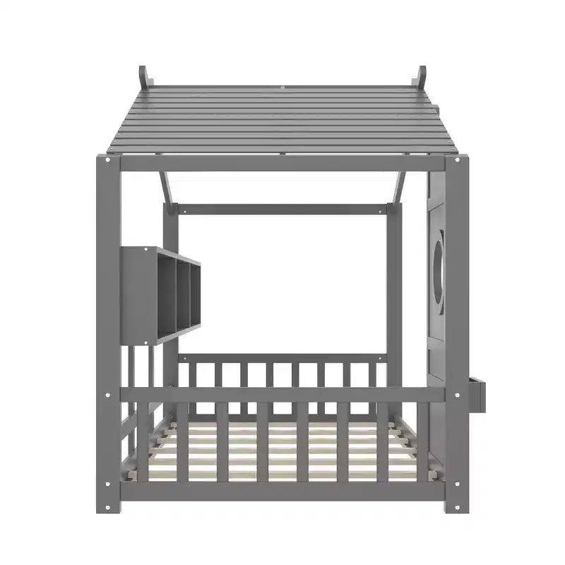 Lit cabane au sol simple, lit Montessori pour enfants avec étagère de rangement et toit