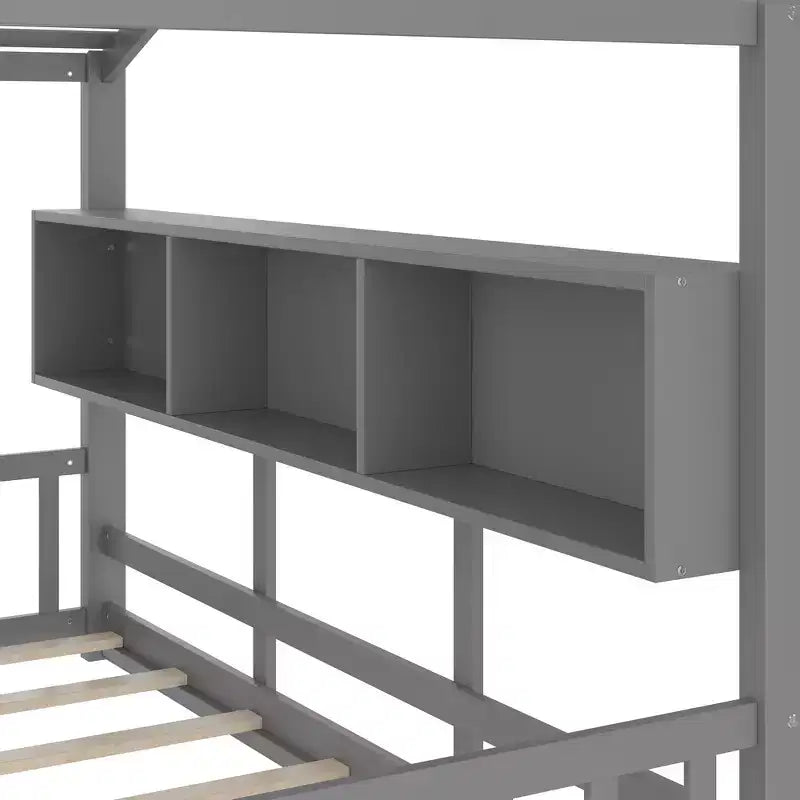 Lit cabane au sol simple, lit Montessori pour enfants avec étagère de rangement et toit