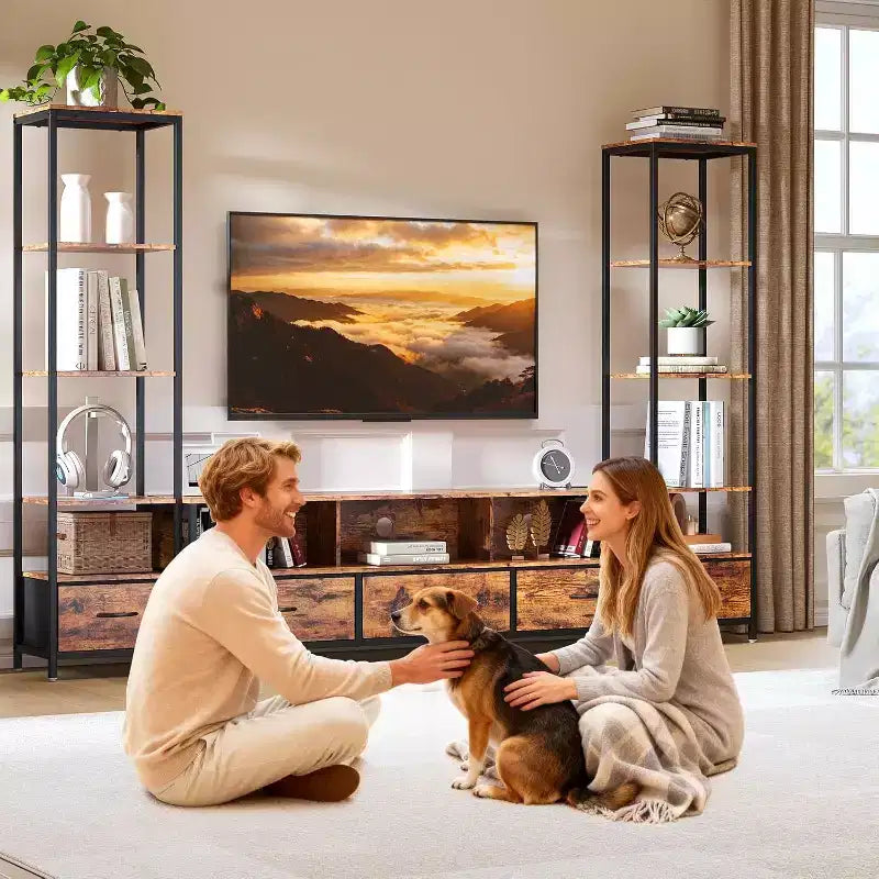 Meuble TV pour téléviseurs 65 pouces avec étagères, lumières LED et prises de courant, 5 tiroirs en tissu