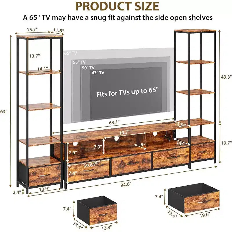 Meuble TV pour téléviseurs 65 pouces avec étagères, lumières LED et prises de courant, 5 tiroirs en tissu