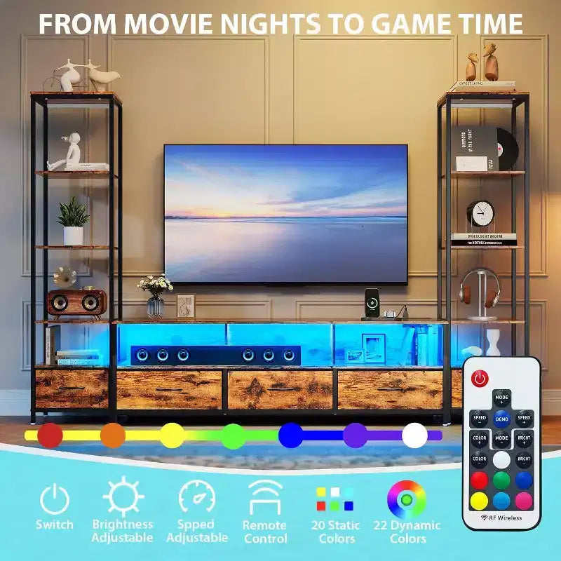 Meuble TV pour téléviseurs 65 pouces avec étagères, lumières LED et prises de courant, 5 tiroirs en tissu