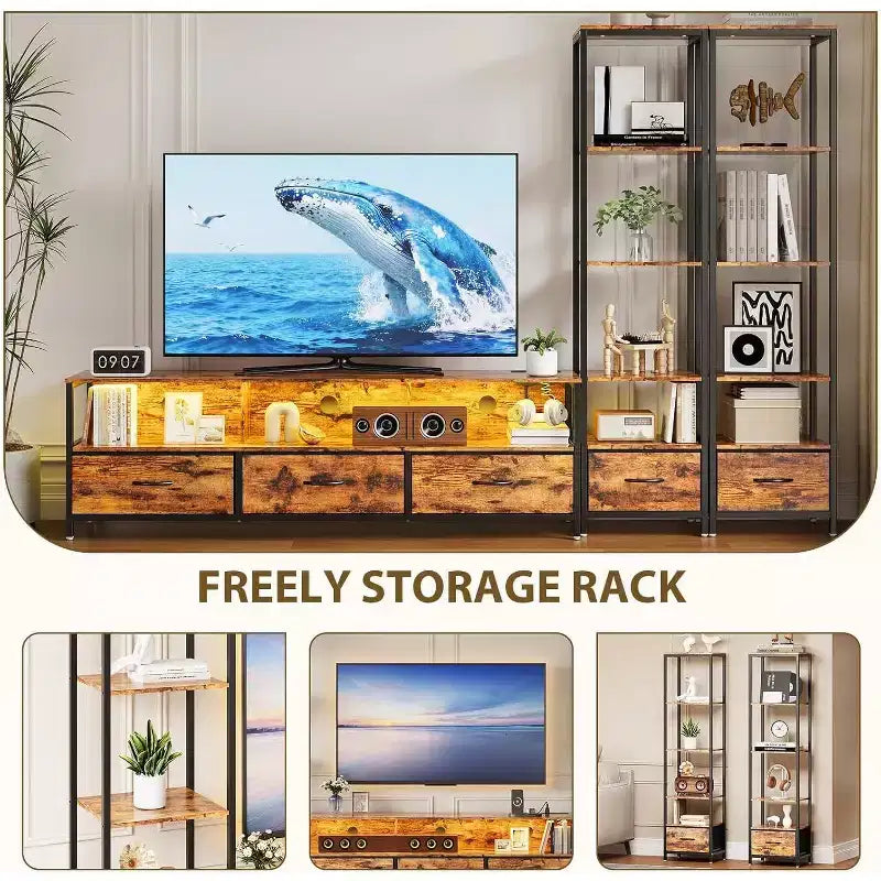 Meuble TV pour téléviseurs 65 pouces avec étagères, lumières LED et prises de courant, 5 tiroirs en tissu