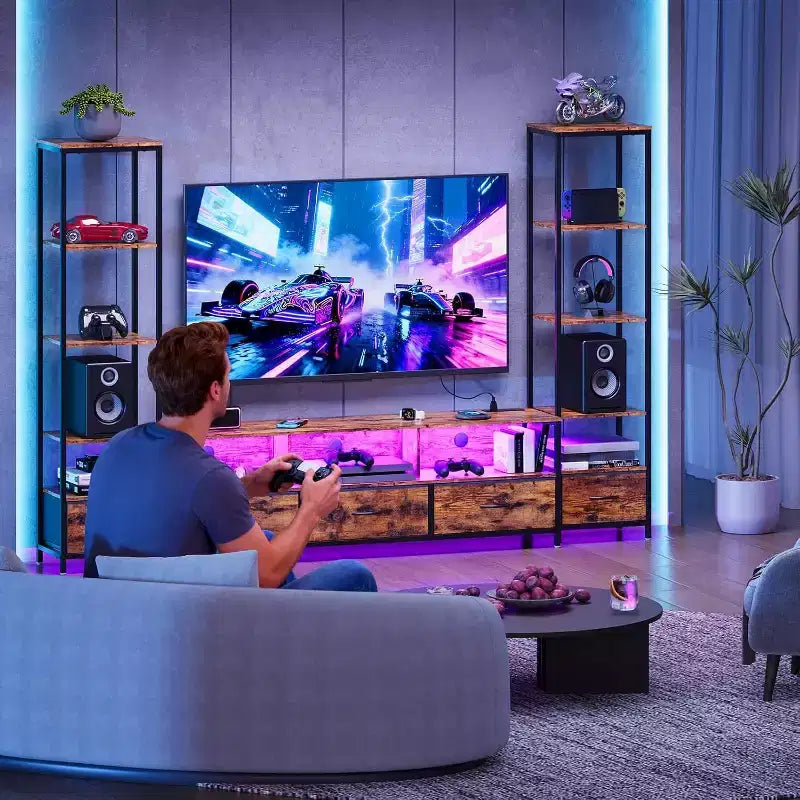 Meuble TV pour téléviseurs 65 pouces avec étagères, lumières LED et prises de courant, 5 tiroirs en tissu