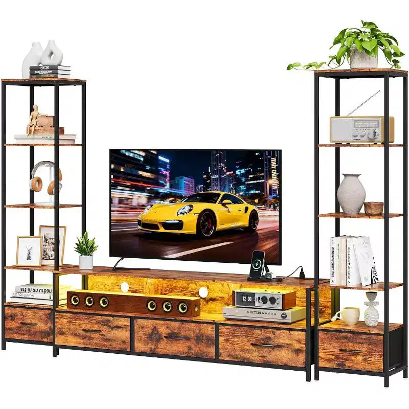 Meuble TV pour téléviseurs 65 pouces avec étagères, lumières LED et prises de courant, 5 tiroirs en tissu