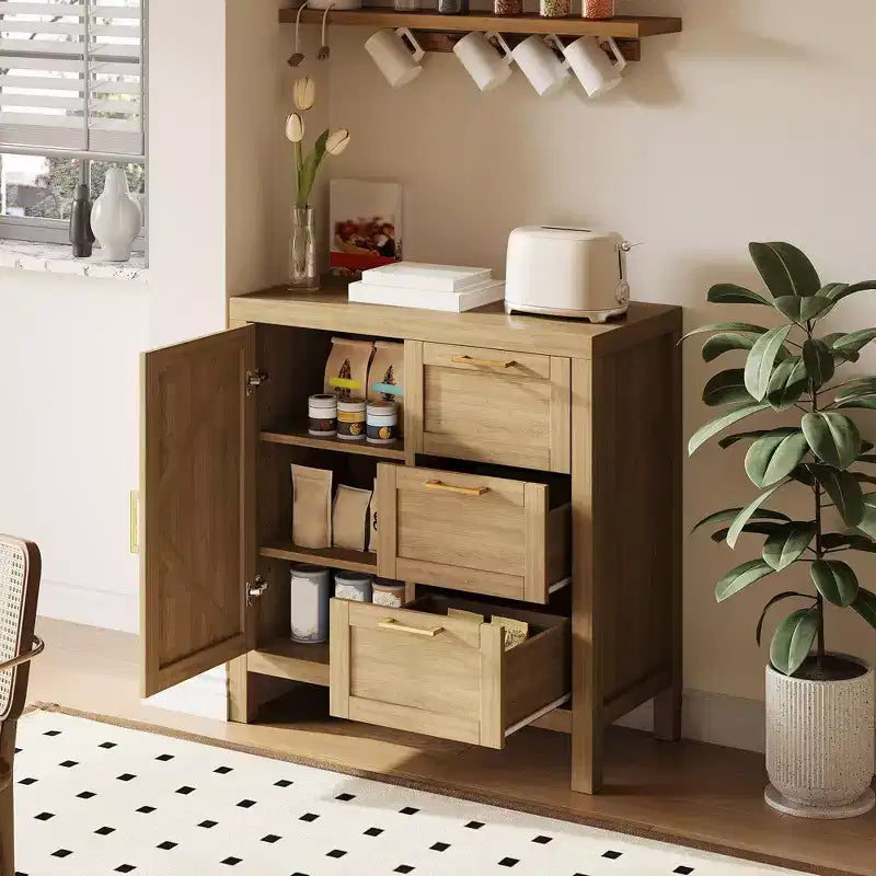 Enfilade en noyer avec 3 tiroirs, 1 placard et des étagères réglables, pour salon