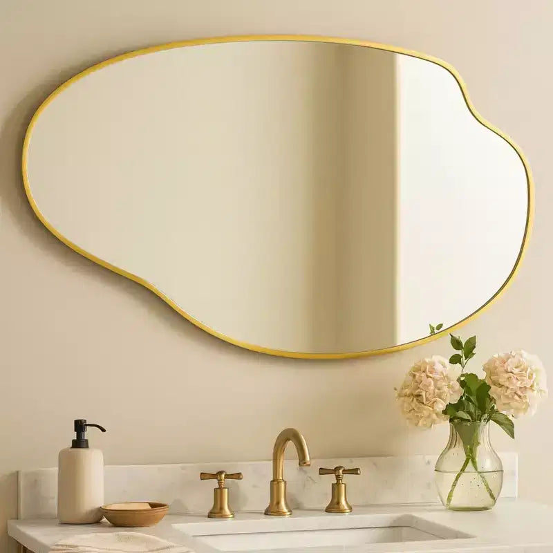 Miroir mural asymétrique irrégulier or brossé, 22x34 po, cadre en laiton, pour salle de bain, entrée, chambre d'enfant