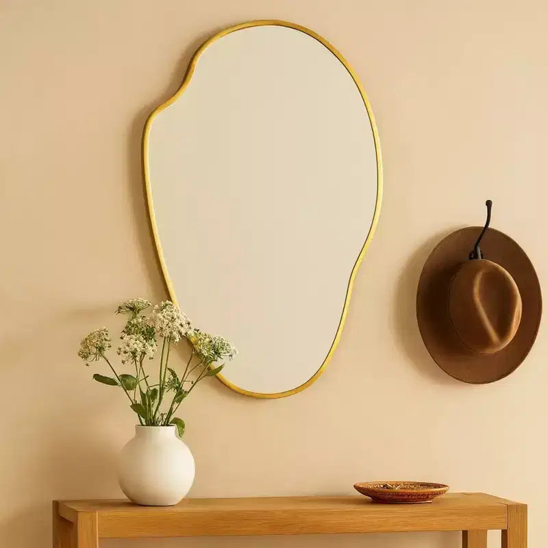 Miroir mural asymétrique irrégulier or brossé, 22x34 po, cadre en laiton, pour salle de bain, entrée, chambre d'enfant