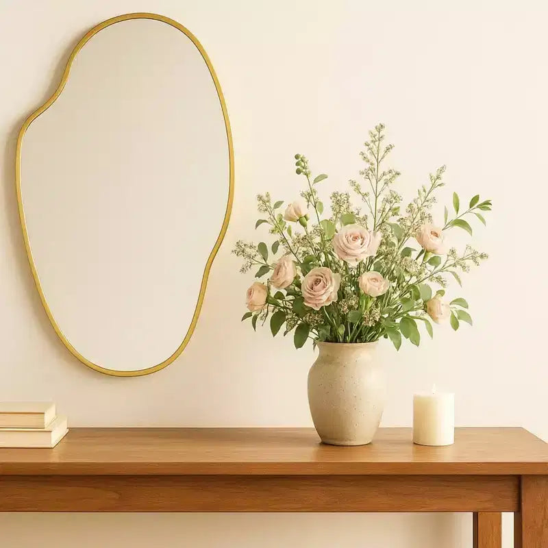 Miroir mural asymétrique irrégulier or brossé, 22x34 po, cadre en laiton, pour salle de bain, entrée, chambre d'enfant
