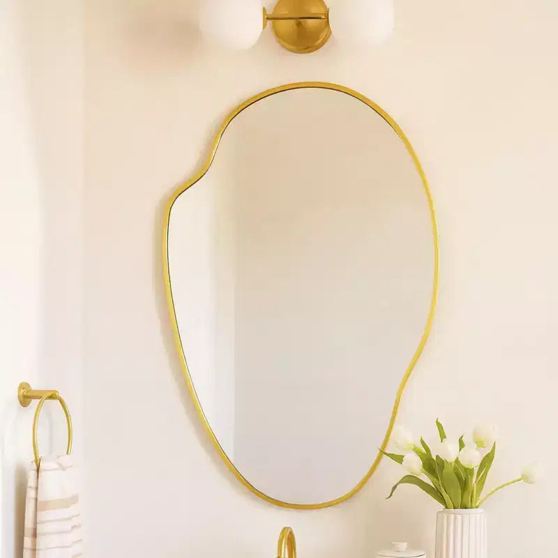 Miroir mural asymétrique irrégulier or brossé, 22x34 po, cadre en laiton, pour salle de bain, entrée, chambre d'enfant