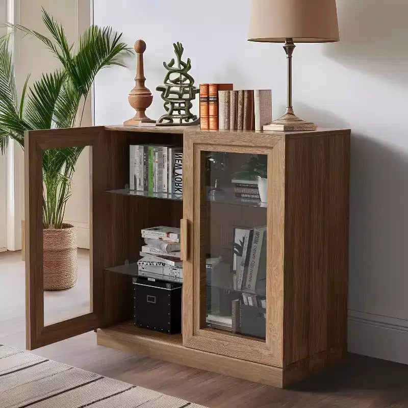 Meuble de rangement en bois de 31 po avec 2 portes vitrées et étagère réglable, pour cuisine, chambre à coucher, salon, naturel