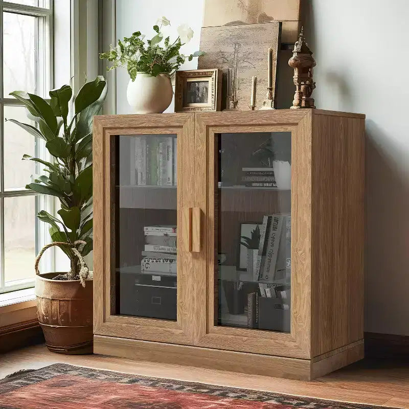 Meuble de rangement en bois de 31 po avec 2 portes vitrées et étagère réglable, pour cuisine, chambre à coucher, salon, naturel