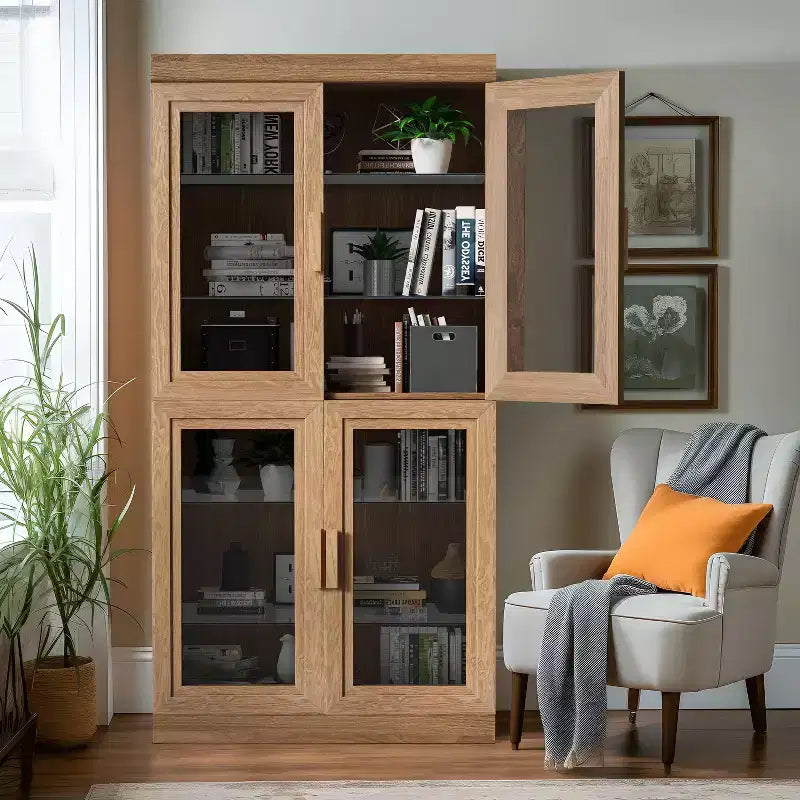Meuble de rangement en bois de 31 po avec 2 portes vitrées et étagère réglable, pour cuisine, chambre à coucher, salon, naturel