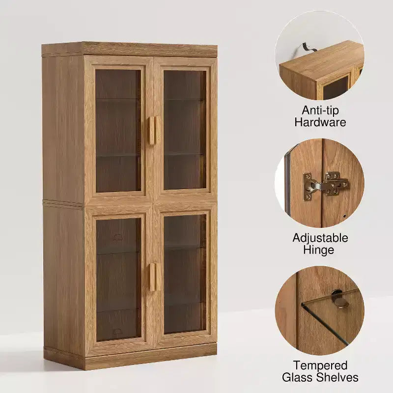 Meuble de rangement en bois de 31 po avec 2 portes vitrées et étagère réglable, pour cuisine, chambre à coucher, salon, naturel
