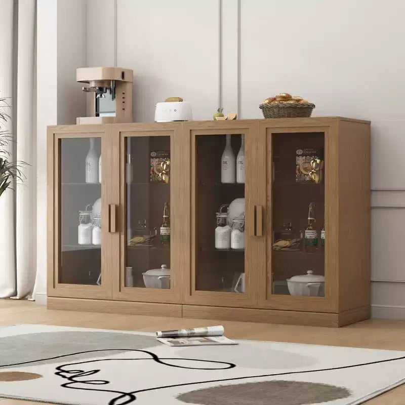 Meuble de rangement en bois de 91 cm avec 2 portes vitrées et une étagère réglable, pour cuisine, chambre, salon, couleur naturelle