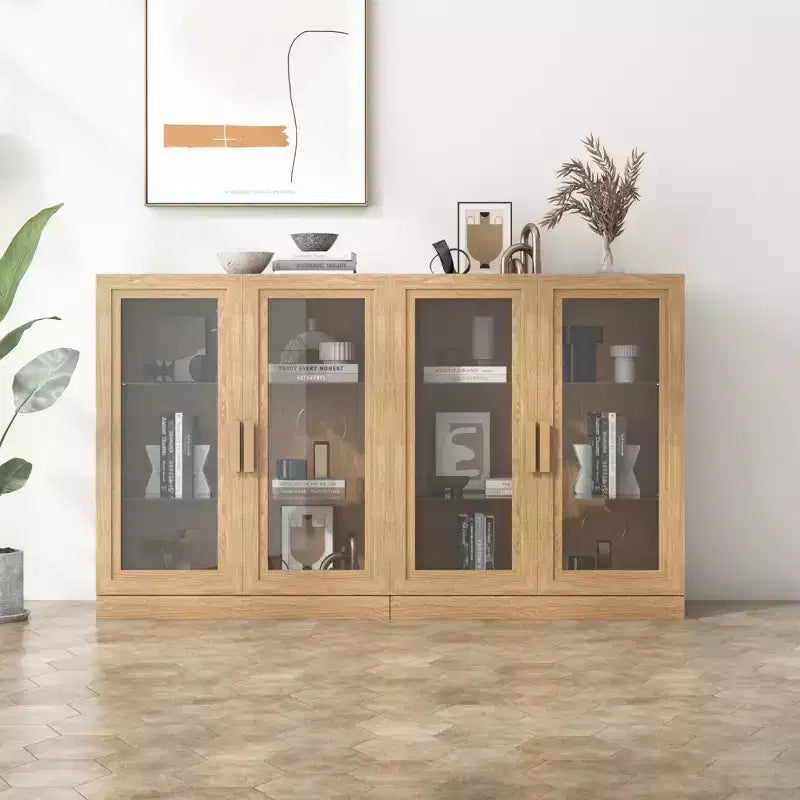 Meuble de rangement en bois de 91 cm avec 2 portes vitrées et une étagère réglable, pour cuisine, chambre, salon, couleur naturelle