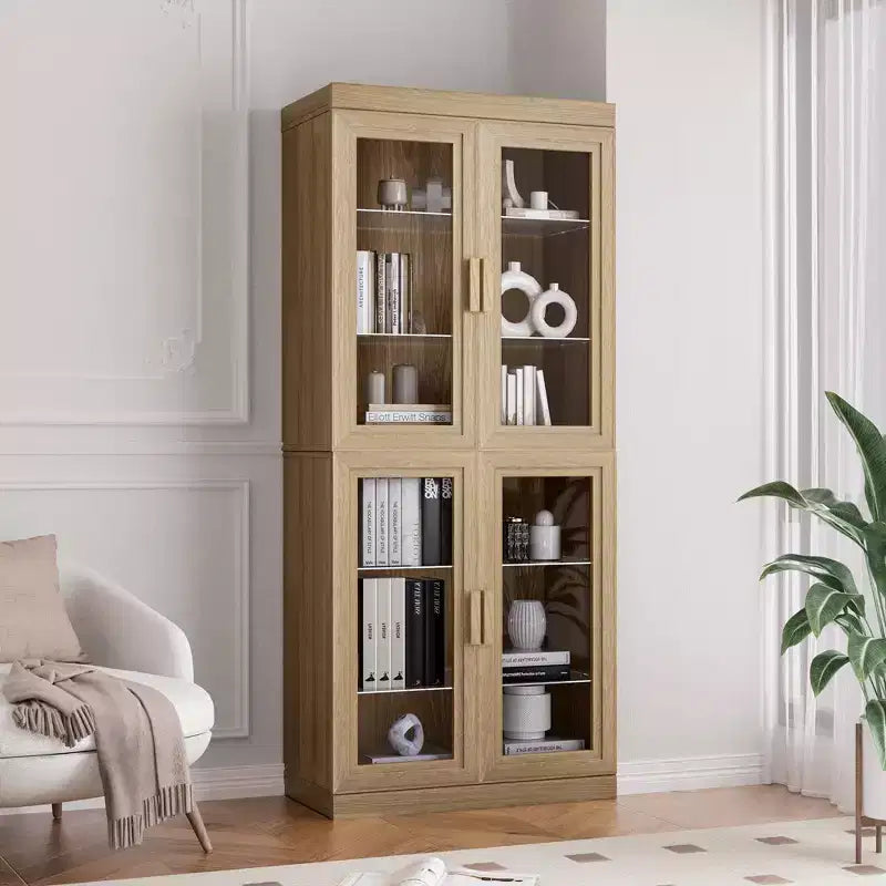 Meuble de rangement en bois de 91 cm avec 2 portes vitrées et une étagère réglable, pour cuisine, chambre, salon, couleur naturelle