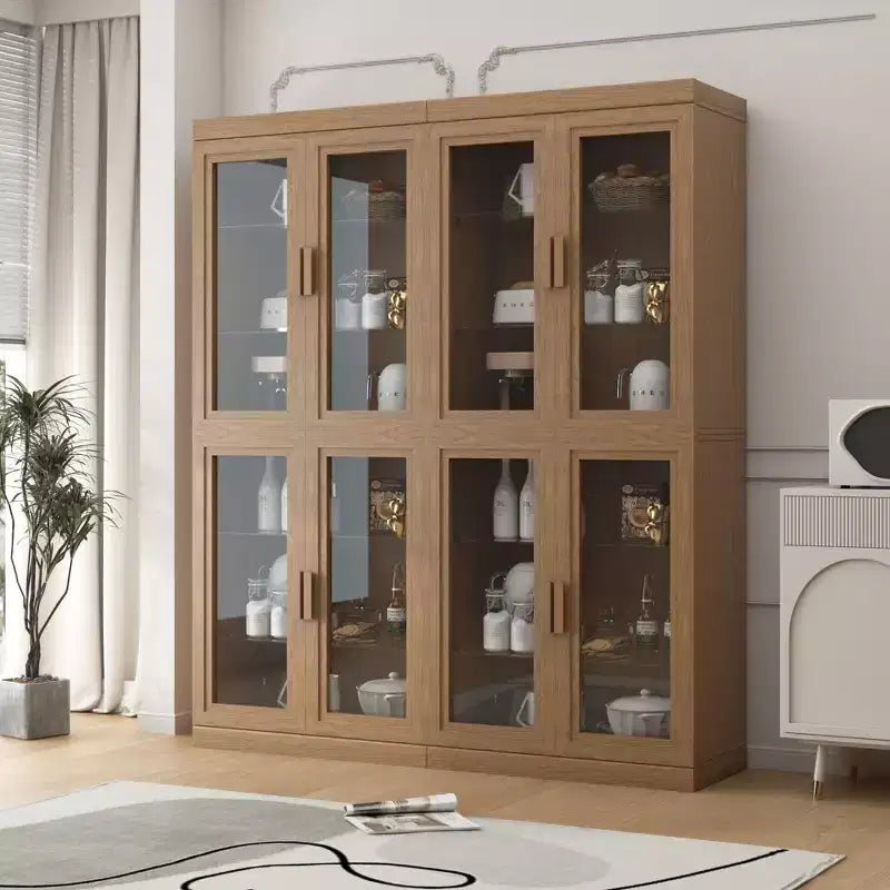 Meuble de rangement en bois de 91 cm avec 2 portes vitrées et une étagère réglable, pour cuisine, chambre, salon, couleur naturelle