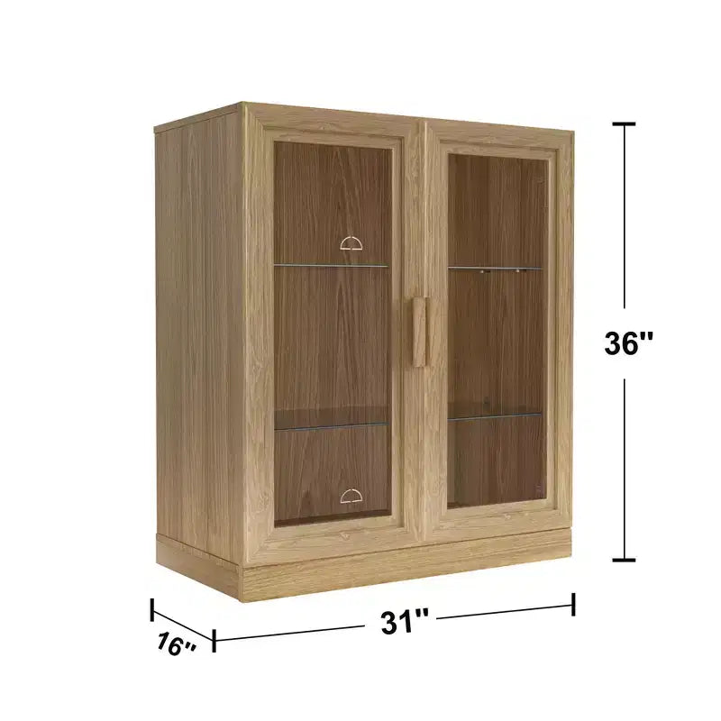 Meuble de rangement en bois de 91 cm avec 2 portes vitrées et une étagère réglable, pour cuisine, chambre, salon, couleur naturelle