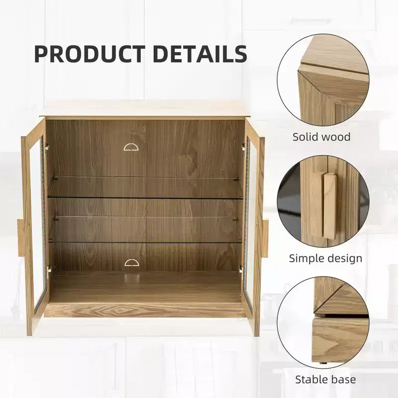 Meuble de rangement en bois de 91 cm avec 2 portes vitrées et une étagère réglable, pour cuisine, chambre, salon, couleur naturelle