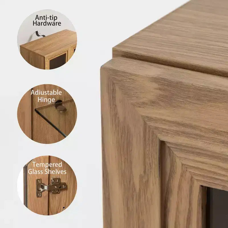 Meuble de rangement en bois de 91 cm avec 2 portes vitrées et une étagère réglable, pour cuisine, chambre, salon, couleur naturelle