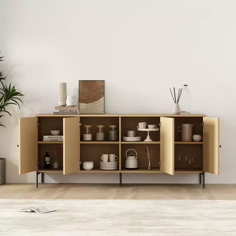 Bahut moderne de 180 cm avec portes à lattes, étagères réglables et pieds en métal