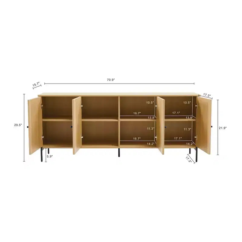 Bahut moderne de 180 cm avec portes à lattes, étagères réglables et pieds en métal