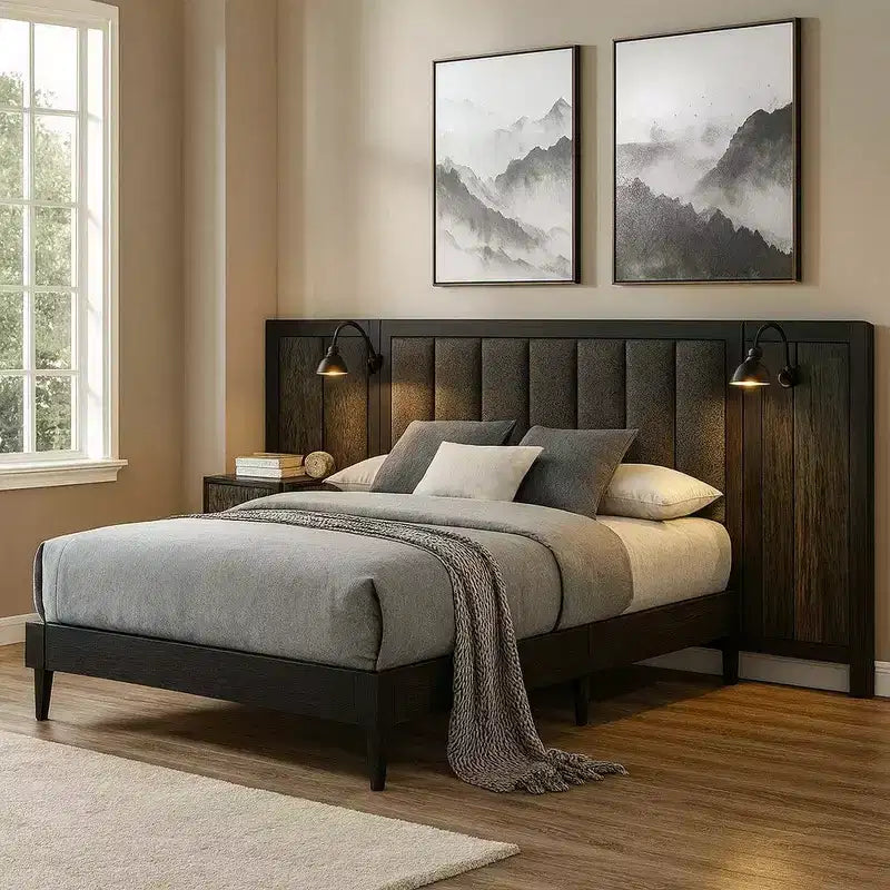Lit Queen Size avec Cadre en Bois Marron Foncé, Tête de Lit Rembourrée et Éclairage LED Intégré