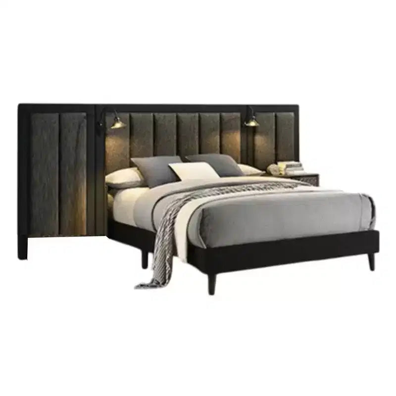 Lit Queen Size avec Cadre en Bois Marron Foncé, Tête de Lit Rembourrée et Éclairage LED Intégré