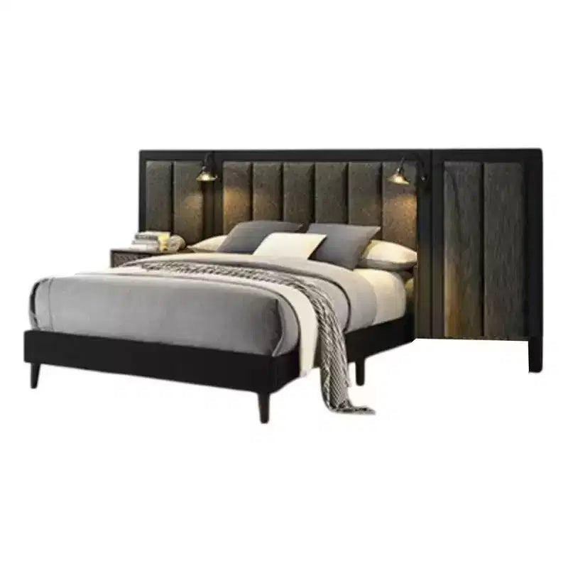 Lit Queen Size avec Cadre en Bois Marron Foncé, Tête de Lit Rembourrée et Éclairage LED Intégré