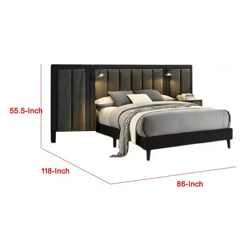 Lit Queen Size avec Cadre en Bois Marron Foncé, Tête de Lit Rembourrée et Éclairage LED Intégré