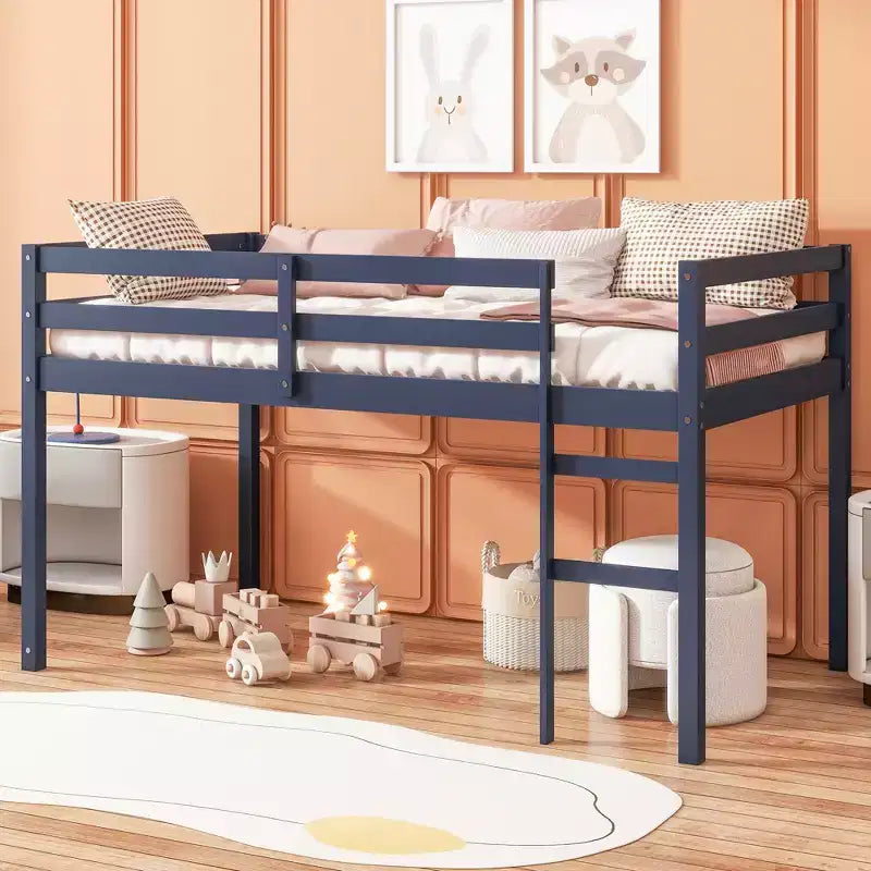 Lit mezzanine double, en bois d'hévéa massif avec échelle et lattes renforcées, bleu