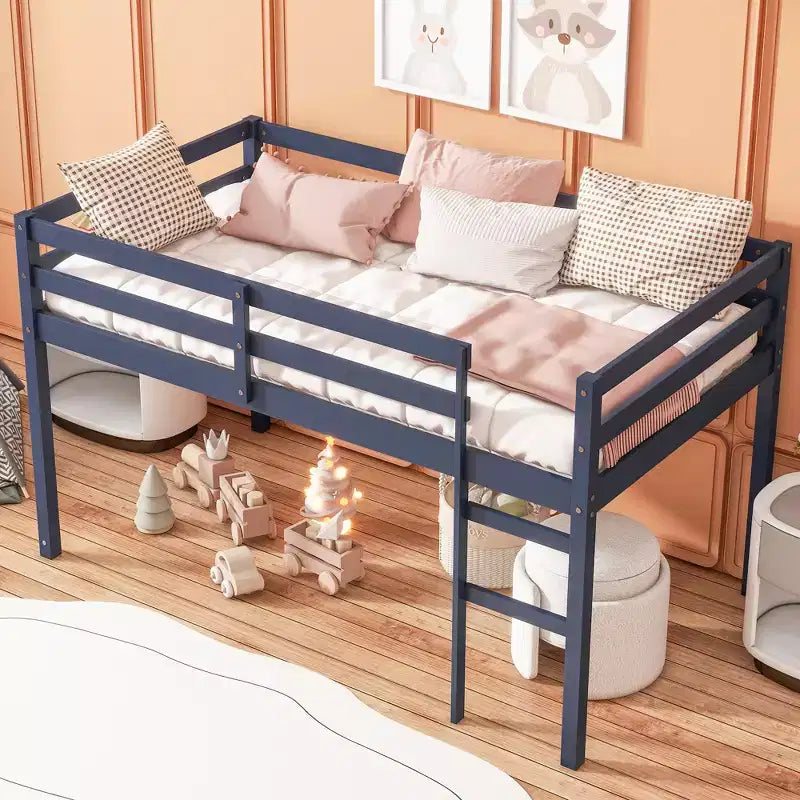 Lit mezzanine double, en bois d'hévéa massif avec échelle et lattes renforcées, bleu