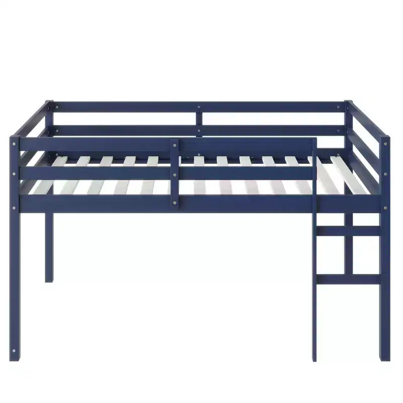 Lit mezzanine double, en bois d'hévéa massif avec échelle et lattes renforcées, bleu