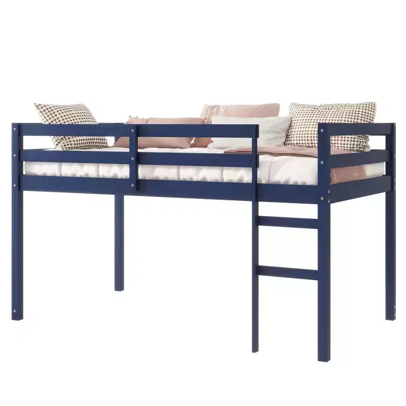 Lit mezzanine double, en bois d'hévéa massif avec échelle et lattes renforcées, bleu