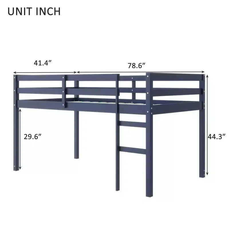 Lit mezzanine double, en bois d'hévéa massif avec échelle et lattes renforcées, bleu