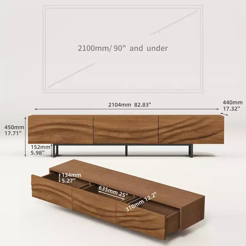 Meuble TV moderne de 82,83 pouces avec tiroirs en bois massif et aérations, console multimédia pour salon