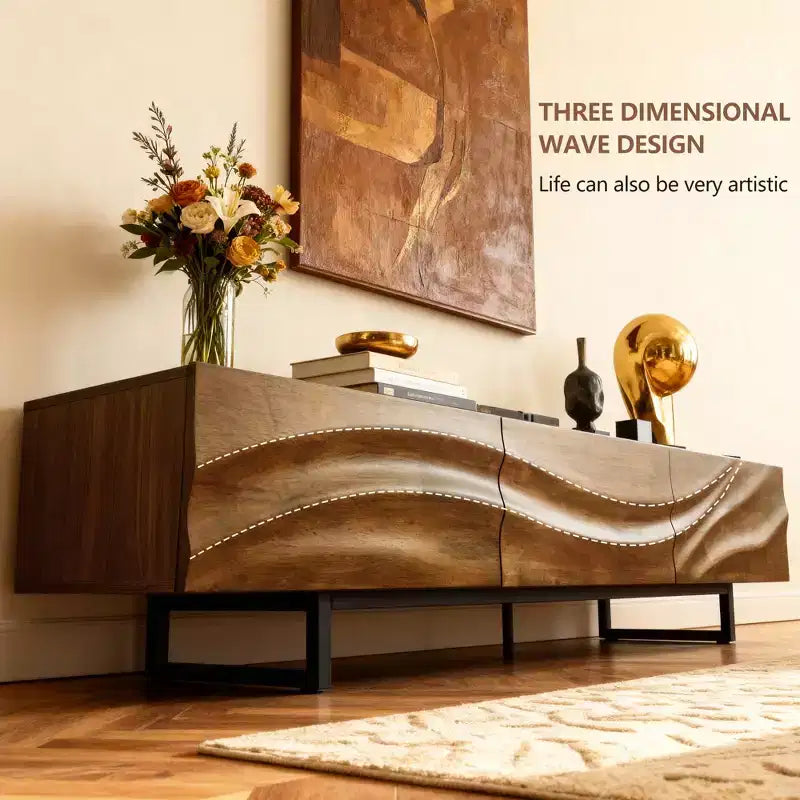 Meuble TV moderne de 82,83 pouces avec tiroirs en bois massif et aérations, console multimédia pour salon