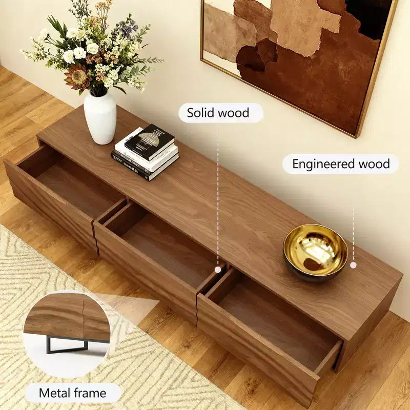 Meuble TV moderne de 82,83 pouces avec tiroirs en bois massif et aérations, console multimédia pour salon
