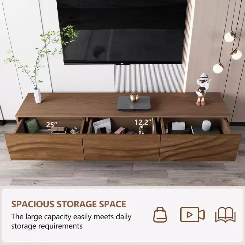 Meuble TV moderne de 82,83 pouces avec tiroirs en bois massif et aérations, console multimédia pour salon