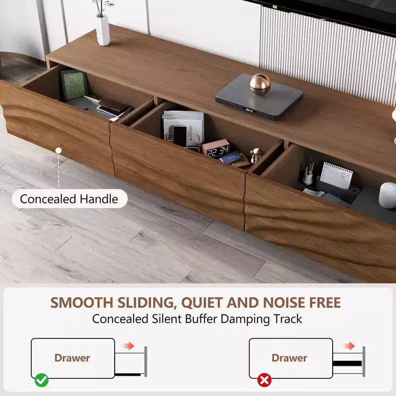 Meuble TV moderne de 82,83 pouces avec tiroirs en bois massif et aérations, console multimédia pour salon