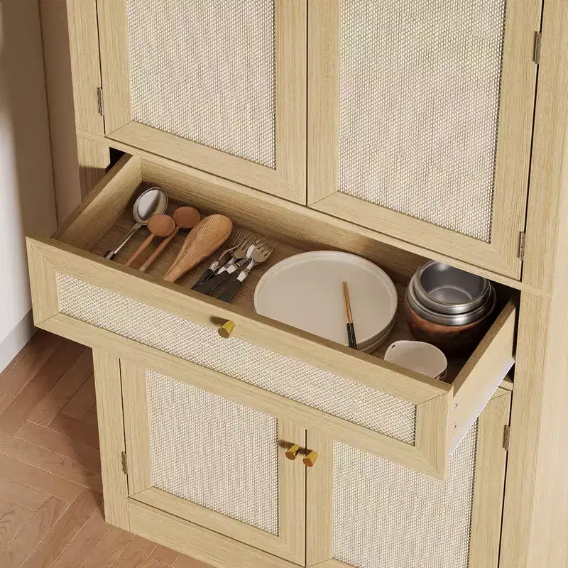 Garde-manger haut en rotin de 178 cm avec 1 tiroir, 2 placards et étagères réglables, pour cuisine, salon, buanderie