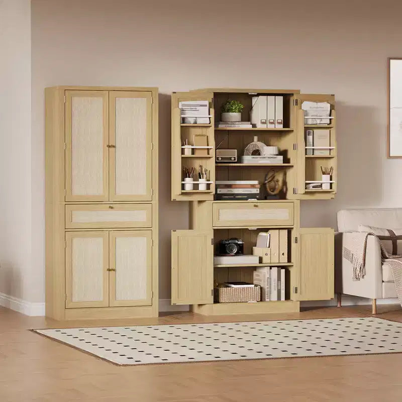Garde-manger haut en rotin de 178 cm avec 1 tiroir, 2 placards et étagères réglables, pour cuisine, salon, buanderie