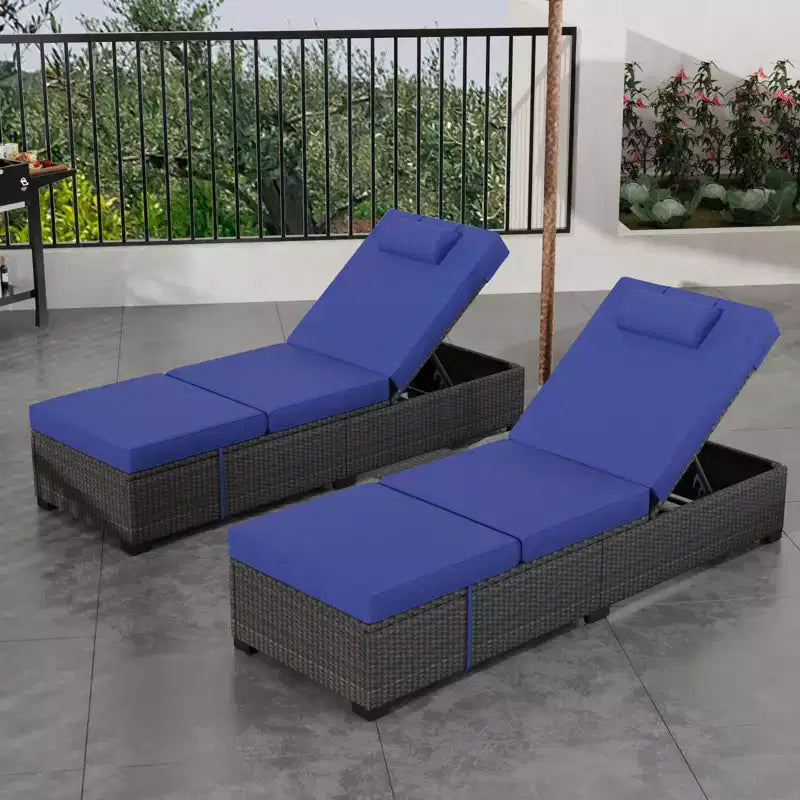 Ensemble de 2 chaises longues de patio, chaises longues d'extérieur en rotin et osier avec inclinaison réglable et coussins