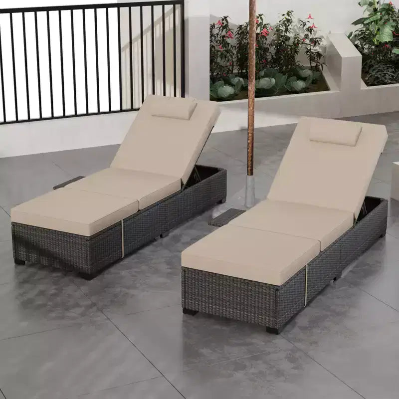 Ensemble de 2 chaises longues de patio, chaises longues d'extérieur en rotin et osier avec inclinaison réglable et coussins