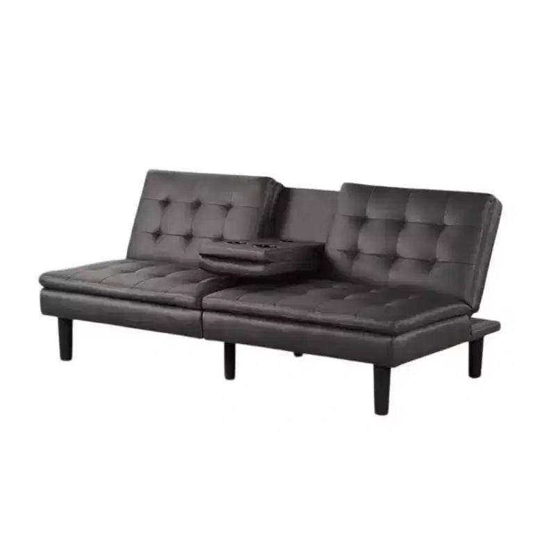 Canapé convertible futon avec plateau rabattable, porte-gobelets et ports USB, en similicuir gris