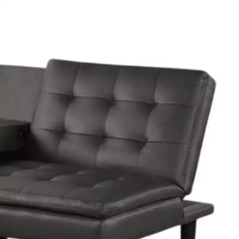 Canapé convertible futon avec plateau rabattable, porte-gobelets et ports USB, en similicuir gris