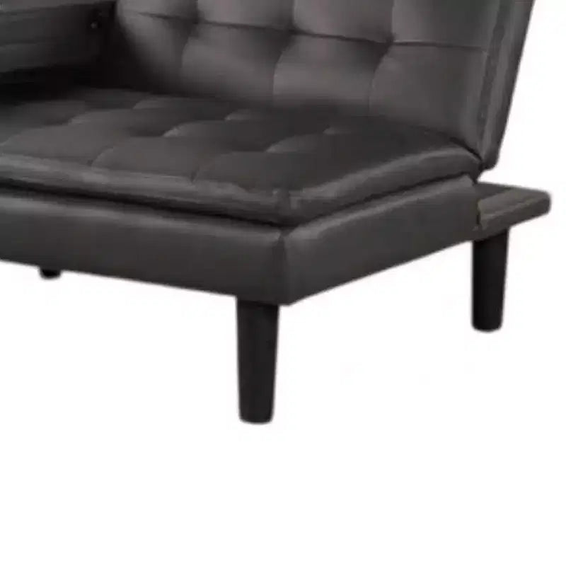 Canapé convertible futon avec plateau rabattable, porte-gobelets et ports USB, en similicuir gris