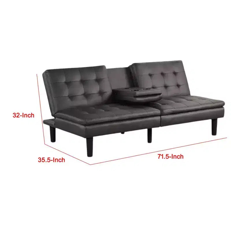 Canapé convertible futon avec plateau rabattable, porte-gobelets et ports USB, en similicuir gris
