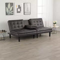Canapé convertible futon avec plateau rabattable, porte-gobelets et ports USB, en similicuir gris