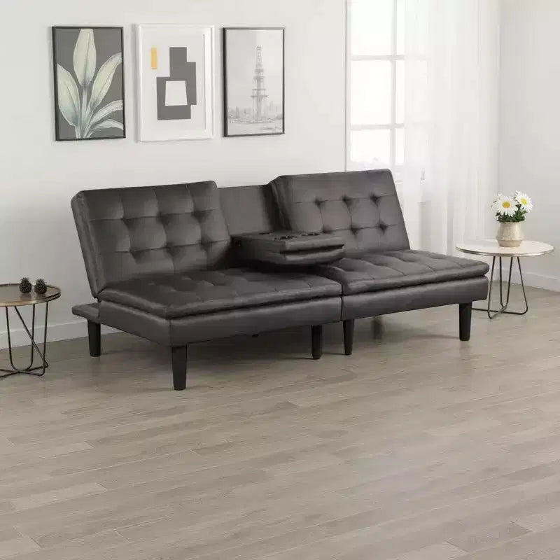 Canapé convertible futon avec plateau rabattable, porte-gobelets et ports USB, en similicuir gris